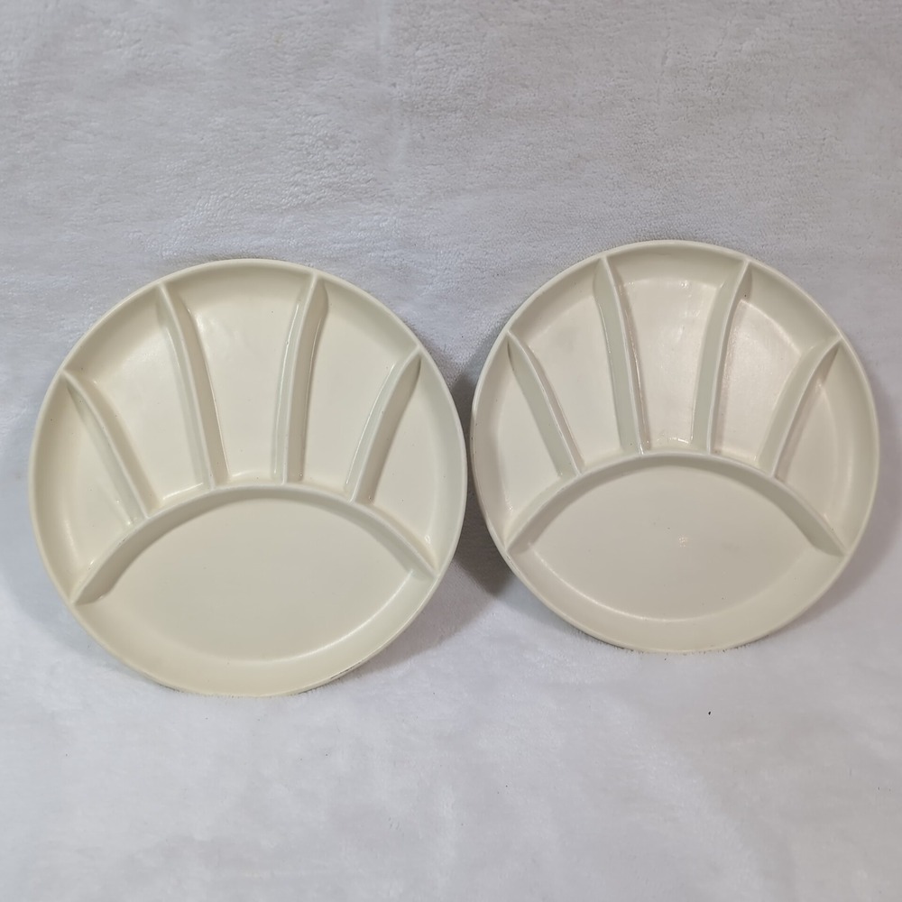 Set of 2 Vintage Mid Century Modern MCM Plates 6‎ Dividers Fondue Cream USA 9"